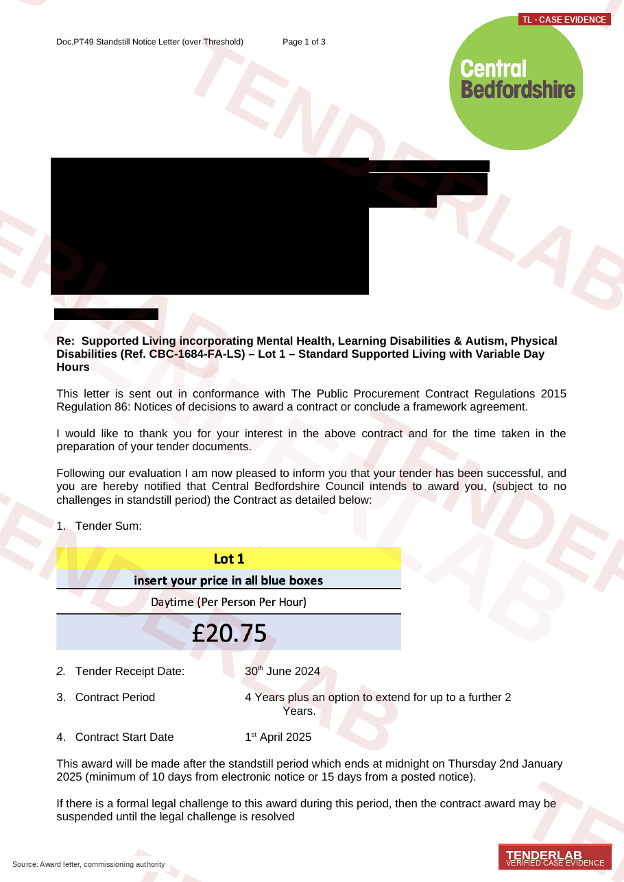 Award letter — Central Bedfordshire Supported Living Direct Contract